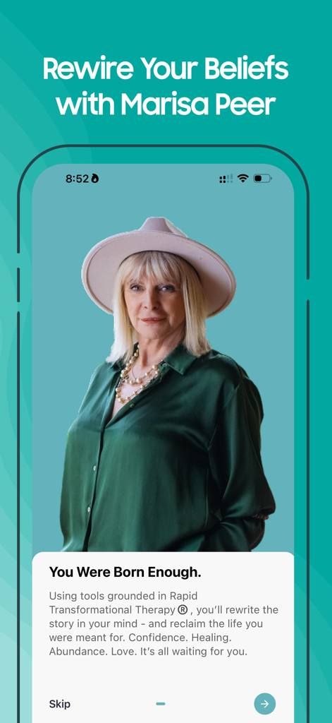 Inner Belief - Onboarding screen for the Inner Belief app featuring Marisa Peer and a message about Rapid Transformational Therapy