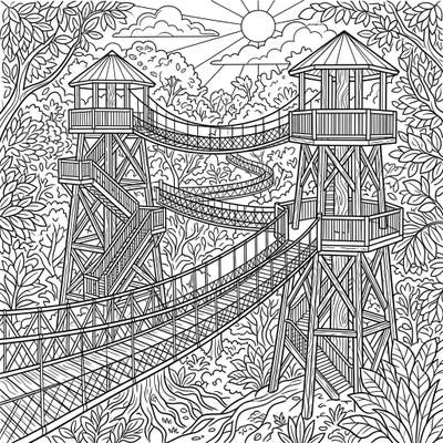 Embark on a creative adventure with our intricate Tree-Top Walkway Towers coloring page. This detailed illustration invites you to bring a stunning elevated forest scene to life with your favorite colors.