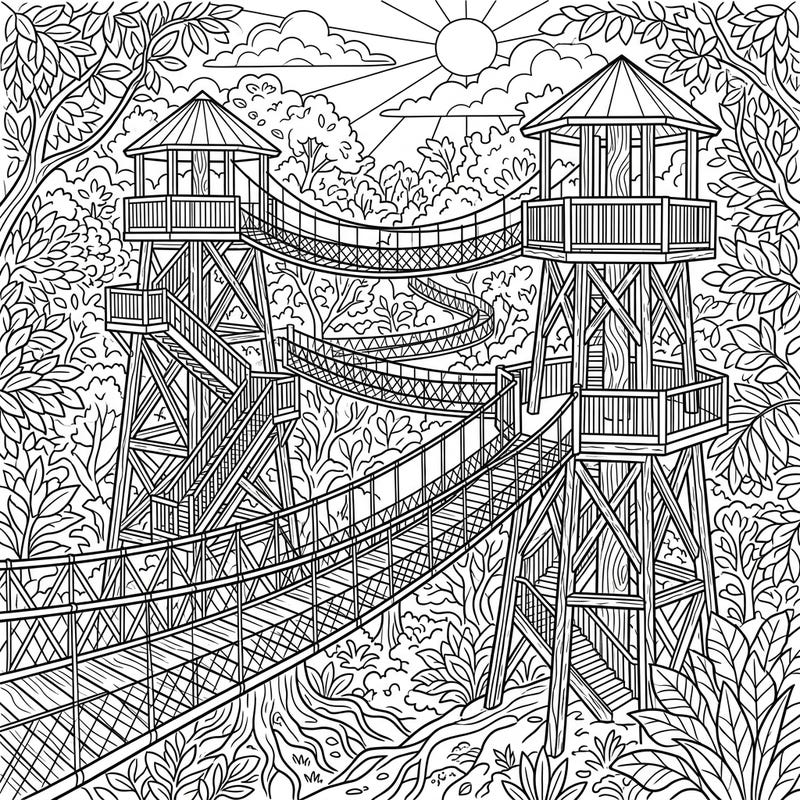 Embark on a creative adventure with our intricate Tree-Top Walkway Towers coloring page. This detailed illustration invites you to bring a stunning elevated forest scene to life with your favorite colors.