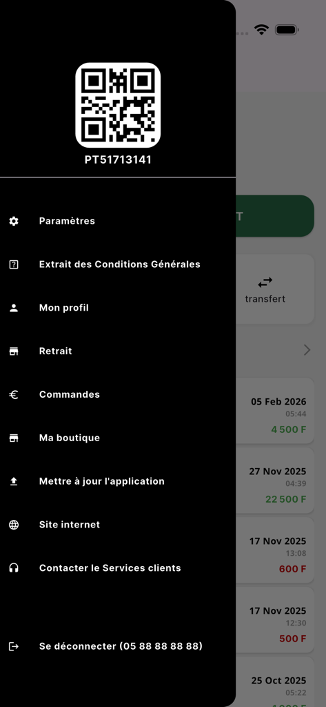 Molo Business - Merchant side menu in the Molo Business app featuring account settings and a QR code