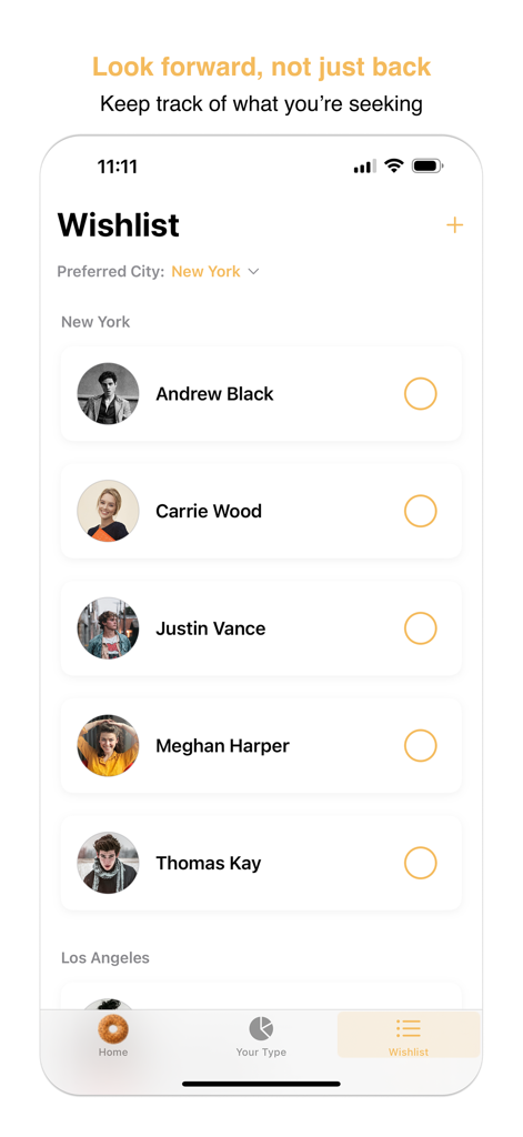 Bagel Count - Bagel CountアプリのWishlist機能のスクリーンショット。連絡先リストとニューヨークの都市フィルターが表示されています。