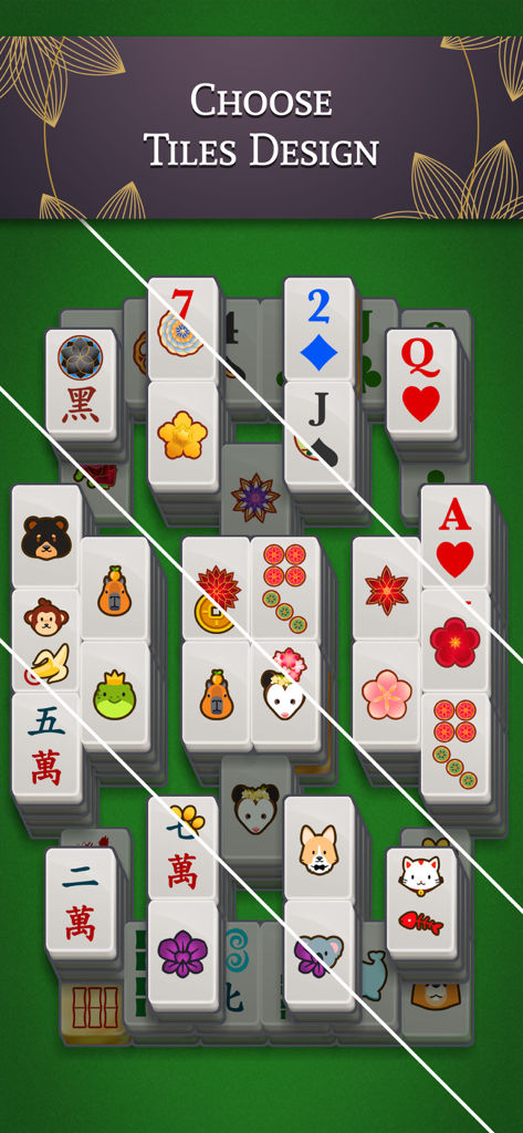Un menu che mostra diverse opzioni di design delle tessere di Mahjong, inclusi animali, semi di carte e simboli tradizionali.