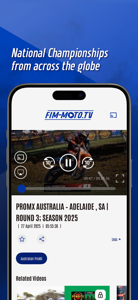 FIM-Moto TV - Lecteur vidéo de l'application FIM-Moto TV affichant une course de championnat national de motocross avec des contrôles de lecture.