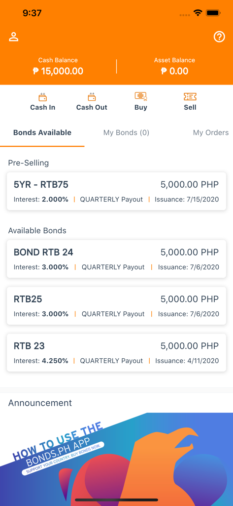 Bonds PH - Bonds PH app interface displaying available Philippine treasury bonds with interest rates and prices