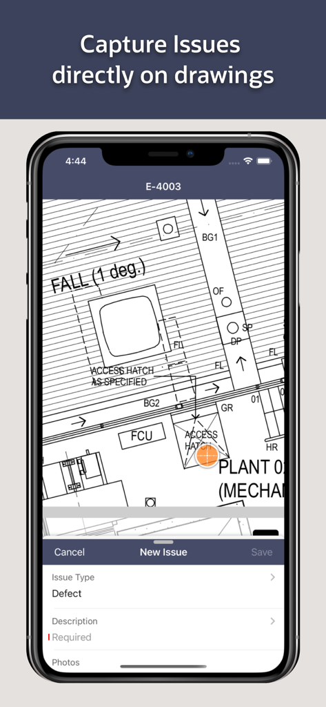 Oracle Aconex - Oracle Aconex mobile app screen showing a construction drawing with a pinned defect issue and a new issue entry form