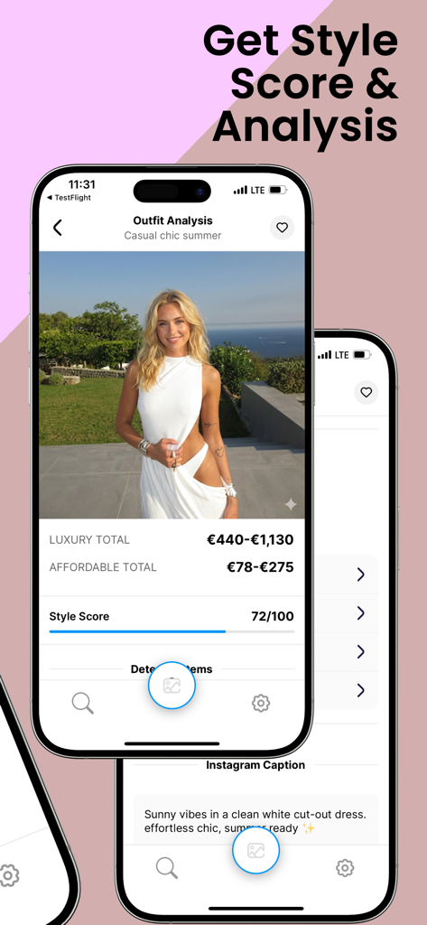 StyleScan: Outfit & Price AI - A mobile screen showing the StyleScan app performing an outfit analysis with price estimates and a style score for a white dress