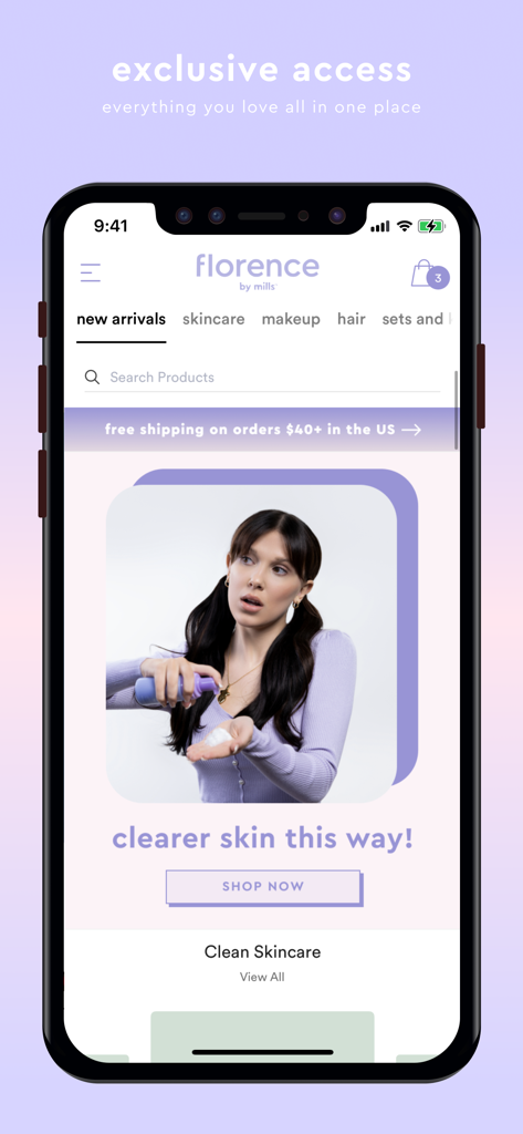 florence by mills - Screenshot dell'app mobile florence by mills con prodotti skincare puliti e la fondatrice Millie Bobby Brown