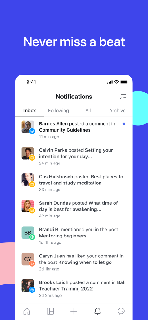 Circle Communities app notifications screen showing a list of recent activity and comments in a private community
