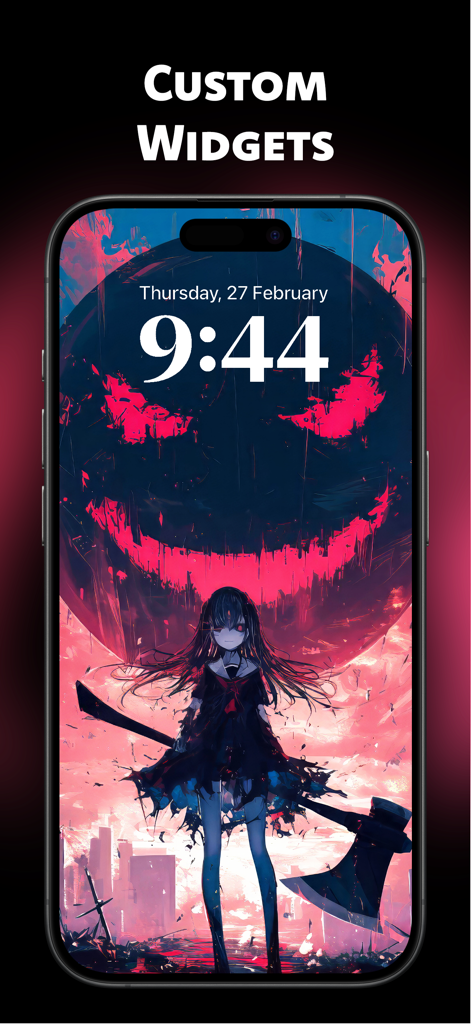 Anime Wallpaper - Live Engine - iPhone lock screen with a dark anime wallpaper featuring a girl with an axe