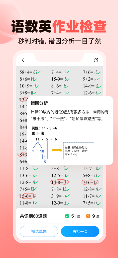 作业帮家长版アプリのインターフェース。自動化された数学の宿題採点が表示され、緑色のチェックマークと赤丸（エラー用）の横に分析ポップアップが表示されています。