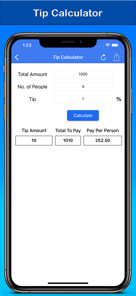 % Percentage Calculator - Mobile app screen for calculating tips and splitting bills among multiple people