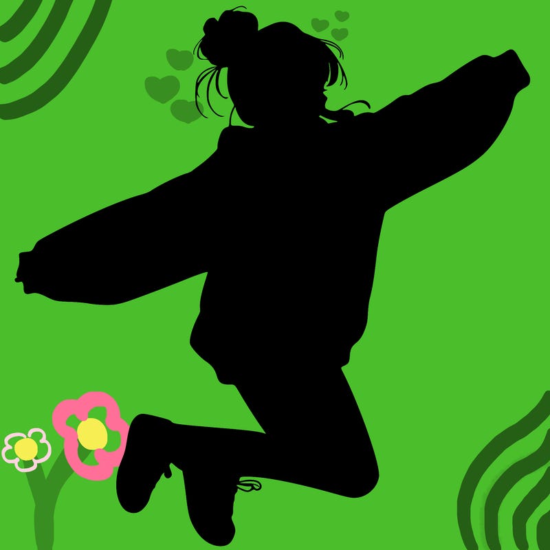 realistic girl jumping with a bun and oversized sweatshirt