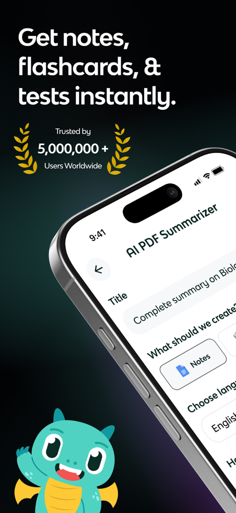 Knowt 앱 인터페이스는 AI PDF 요약 기능과 즉각적인 학습 자료 생성을 보여줍니다.