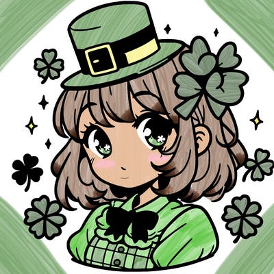a manga-style girl with clovers around her, a little hat in her hair, like it's saint patrick's day