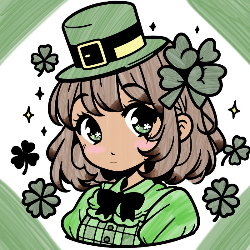 a manga-style girl with clovers around her, a little hat in her hair, like it's saint patrick's day