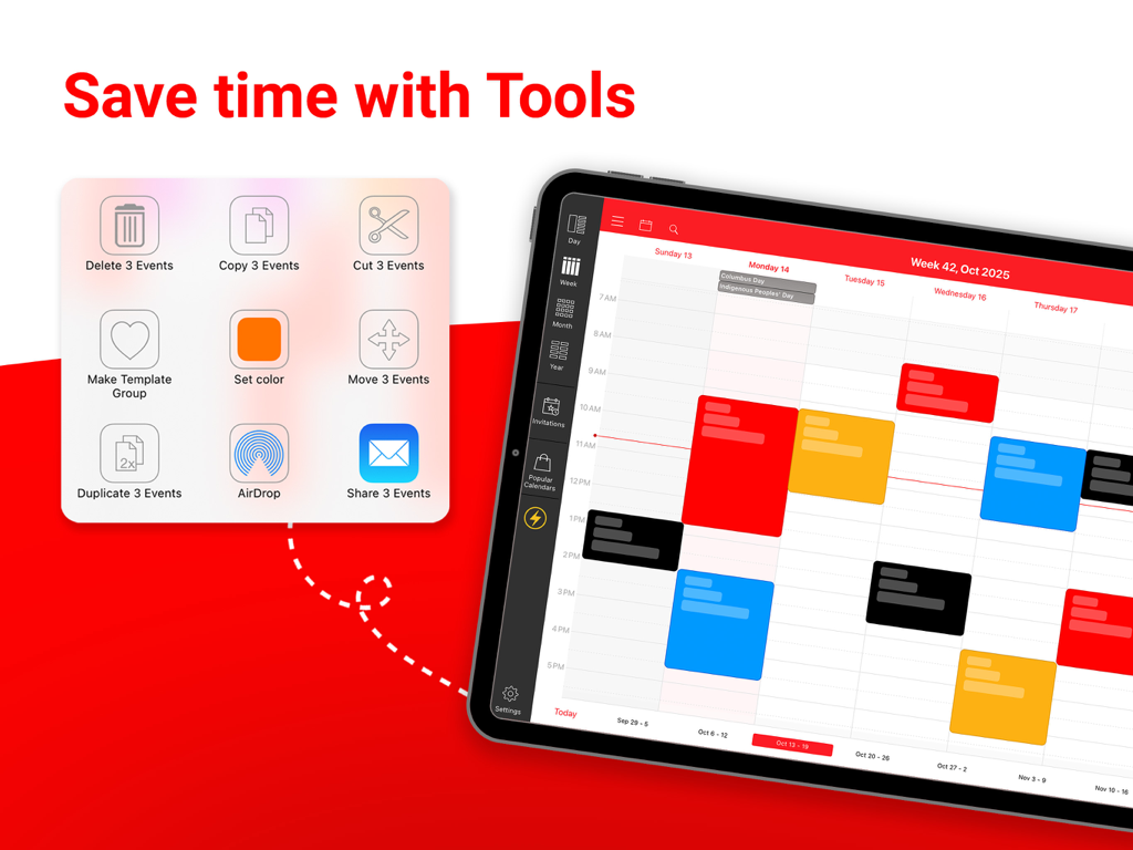 WeekCal für iPad-Oberfläche mit Stapelverarbeitungswerkzeugen zur gleichzeitigen Verwaltung mehrerer Kalenderereignisse