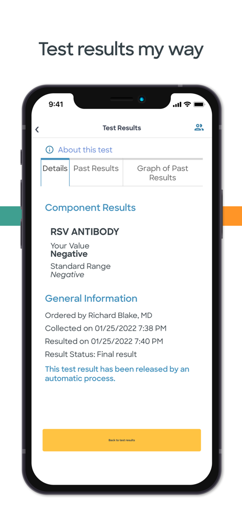 MyBSWHealth - A smartphone screen displaying negative RSV antibody lab test results within the MyBSWHealth app