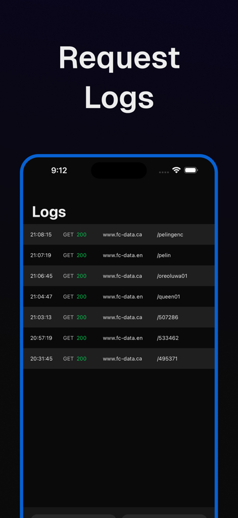 Vercel Mobile — Rev - Real-time request logs view in the Rev app showing HTTP status codes and domains