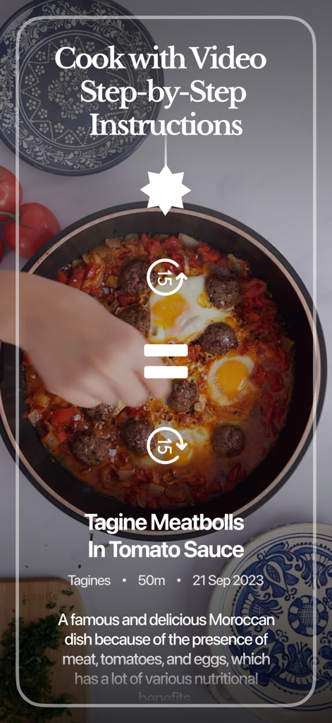 Food Recipes by Arabesk - Una receta en video de Albóndigas de Tagine en Salsa de Tomate mostrando instrucciones de cocina paso a paso en la aplicación Arabesk.