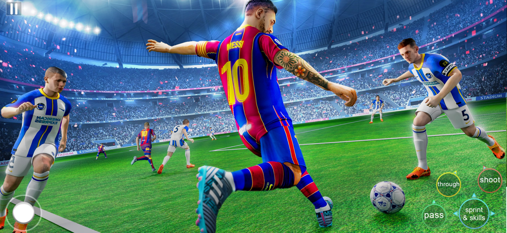 Soccer Super Goalkeeper 3D gameplay featuring a player in a stadium about to strike the ball with on-screen controls
