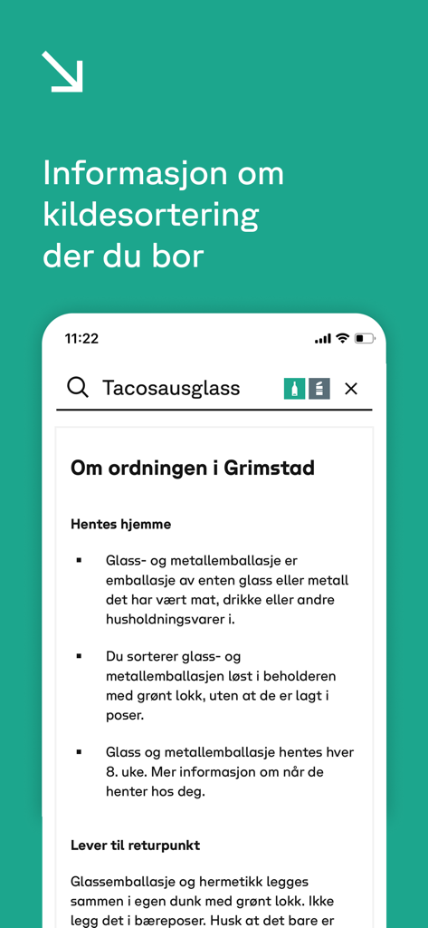 Sortere - Mobile app interface showing localized recycling instructions for glass and metal packaging