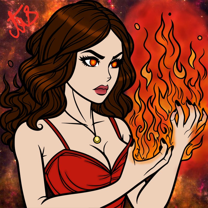 a realistic woman having the power of fire