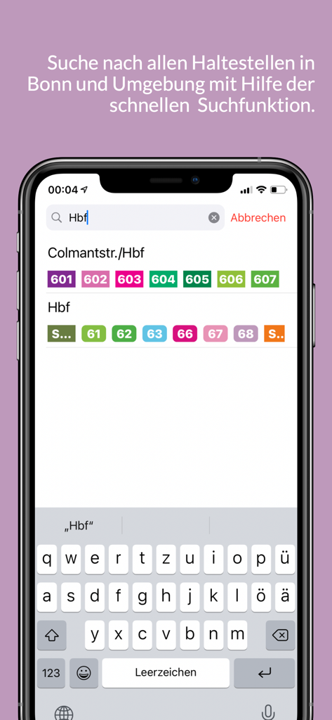 Pantalla de smartphone que muestra una búsqueda de paradas de tránsito en la aplicación Bonner Bus y Bahn con iconos coloridos de líneas de autobús y tren.