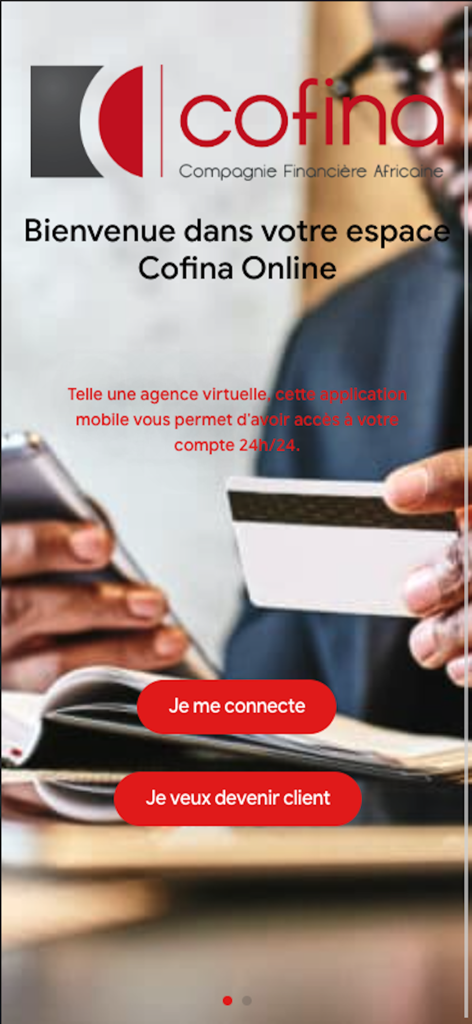 Cofina Mobile + - Welcome screen of the Cofina Mobile plus financial app with login and signup buttons