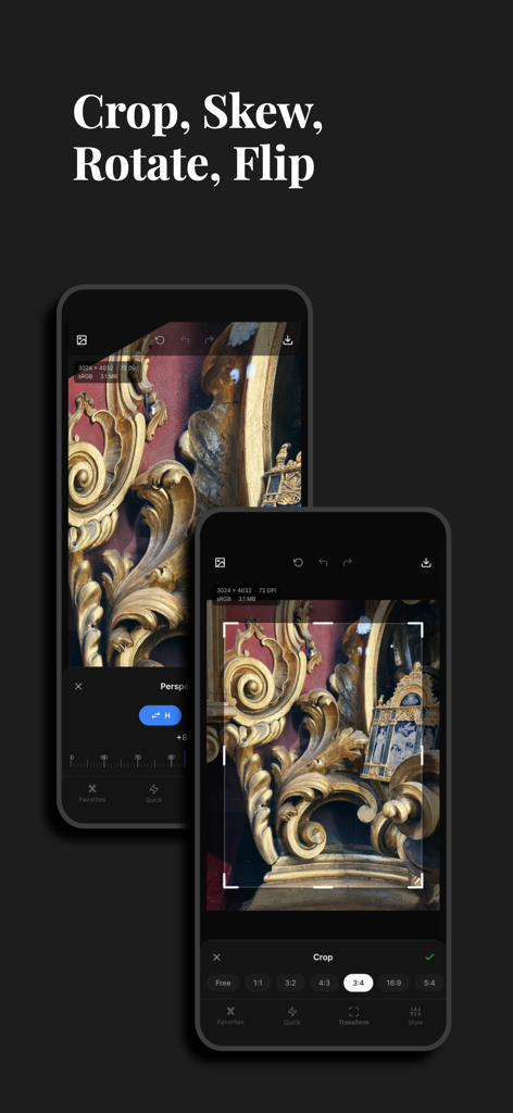 DotPress - Interface de l'application DotPress montrant les outils de recadrage, de cisaillement et d'ajustement de la perspective sur un iPhone