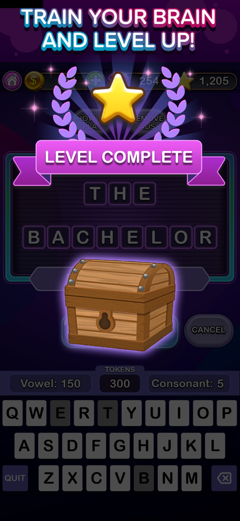 Trivia Puzzle Fortune Games! - Trivia Puzzle Fortune game level complete screen showing the solved phrase The Bachelor with a reward chest