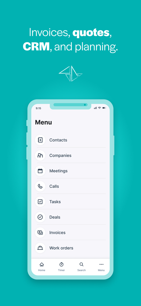 Teamleader Focus - Menú de la aplicación móvil Teamleader Focus mostrando opciones para CRM, facturación y gestión de proyectos