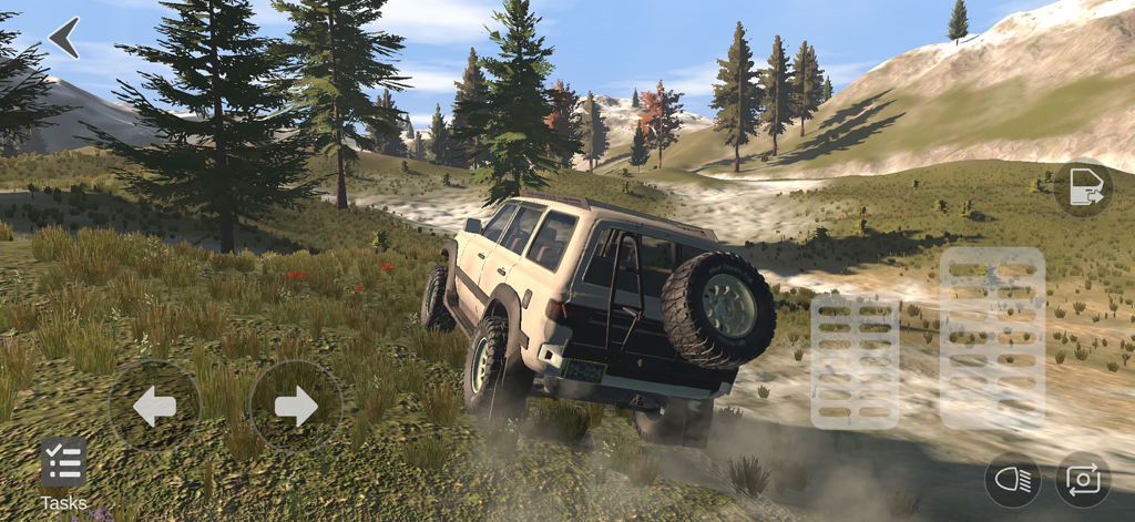 Logan - FPS Game Creator - A white off road vehicle driving through a 3D forest environment in the Logan FPS Game Creator app.