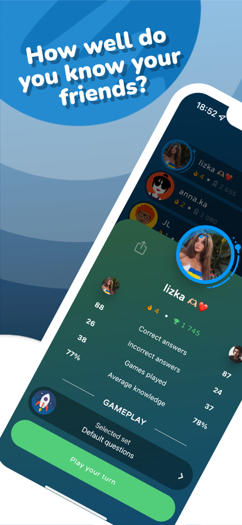 User profile screen in the How well do you know me app showing friendship quiz statistics and player scores