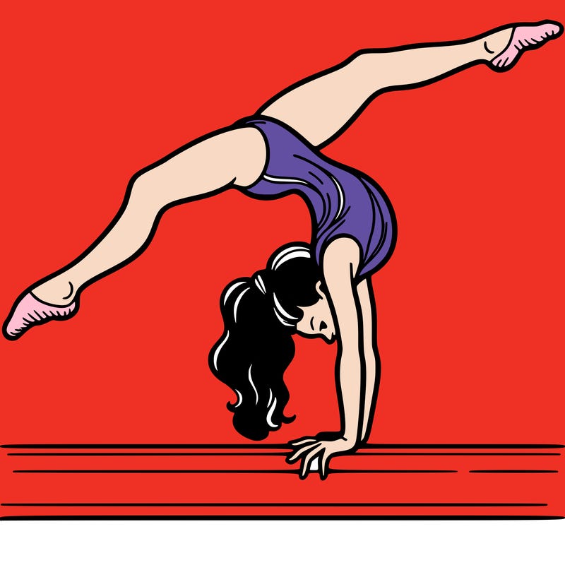 gymnast doing split handstand on a beam