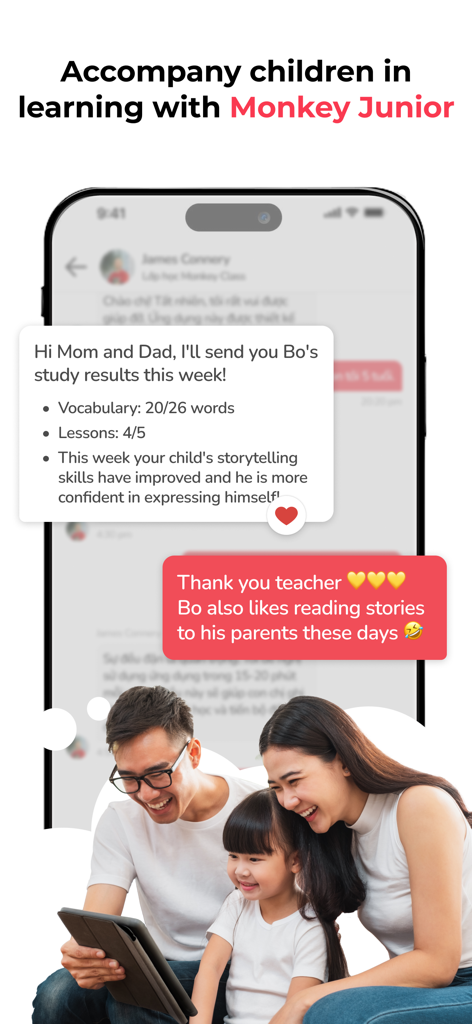 Monkey Class - Un profesor compartiendo los resultados de estudio semanales y el informe de progreso de un niño con los padres a través de la función de mensajería de la aplicación Monkey Class
