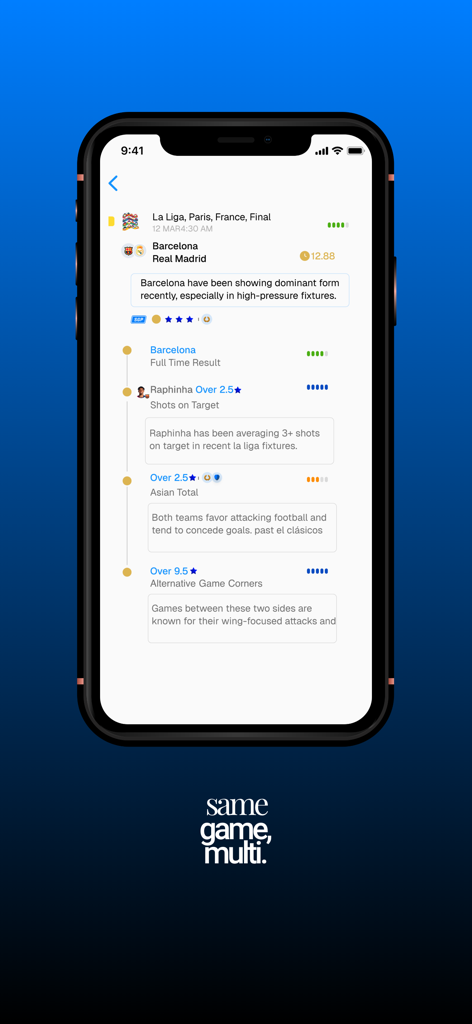 Kickff : Picks & SuperX AI - Kickff app screenshot showing AI-generated sports betting picks and game strategies for a football match.