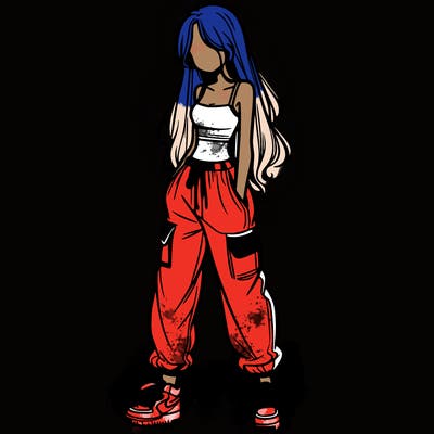 girl in baggy pants crop top and long hair