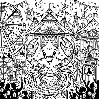 Get ready for a vibrant adventure with this blue crab carnival coloring page, perfect for teens. Immerse yourself in a bustling fairground scene filled with fun rides, exciting performers, and a cheerfully detailed blue crab.