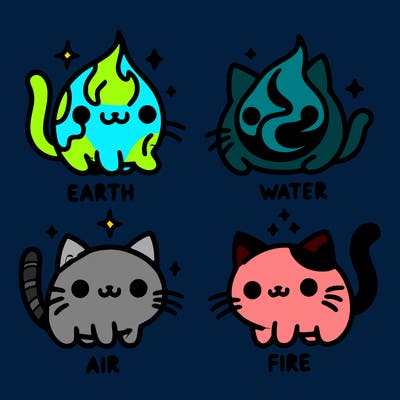 4 cats that represent the different elements, earth, water, air, and fire