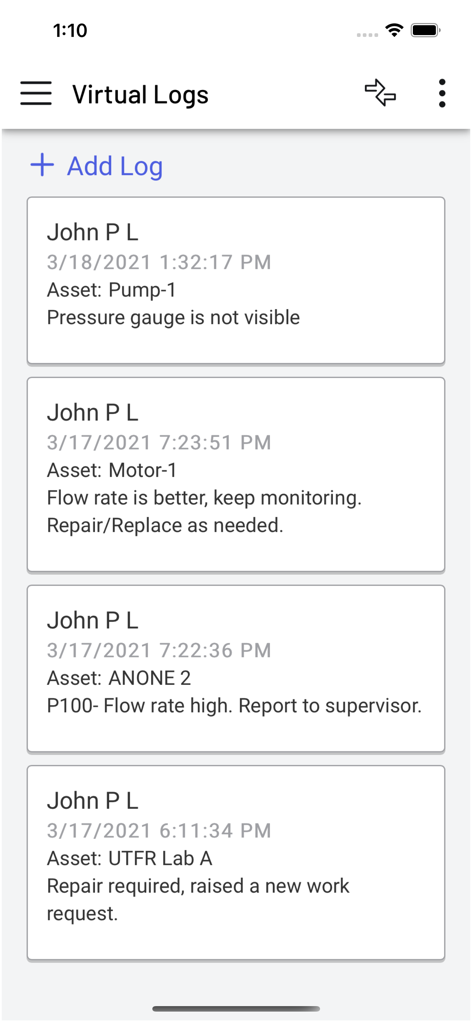 Tela de Logs Virtuais no aplicativo Operador Móvel 2020 exibindo entradas de manutenção para ativos como bombas e motores.