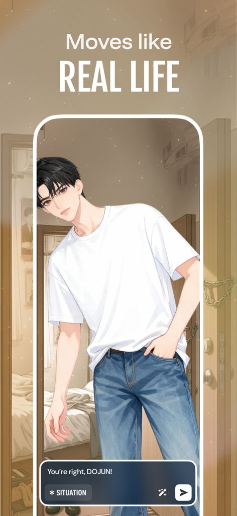 Hey.D : AI Chat, Novel, RPG - Interactive AI chat with a realistic webtoon style male character named Dojun in a room setting.