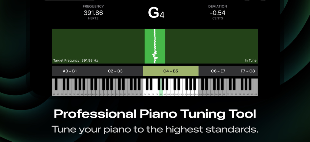 Piano Tuner PT1 - Interfaz profesional de Afinador de Pianos PT1 que muestra la desviación de frecuencia y el gráfico de estabilidad de tono para la nota G4