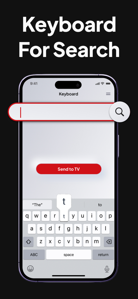 AirMote App-Oberfläche mit der Tastaturfunktion zur Suche auf einem Smart-TV mit einem iPhone