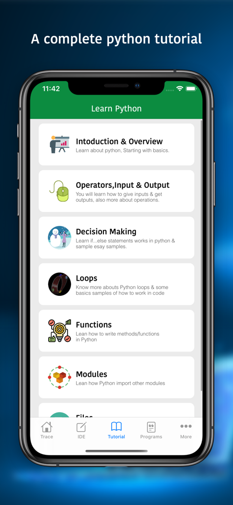 Una pantalla móvil que muestra varios capítulos de tutoriales de Python, incluyendo introducción, operadores, toma de decisiones, bucles y funciones.