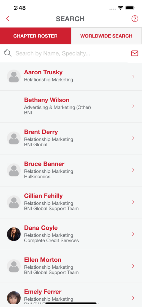 BNI Connect® Mobile - Search screen within the BNI Connect Mobile app displaying a chapter roster of business professionals