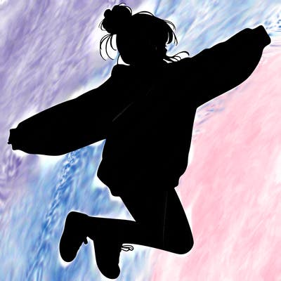 realistic girl jumping with a bun and oversized sweatshirt