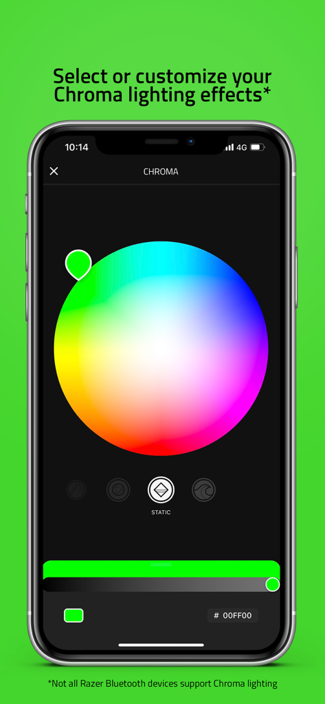 Razer Audio app interface showing a color wheel for customizing Chroma lighting effects