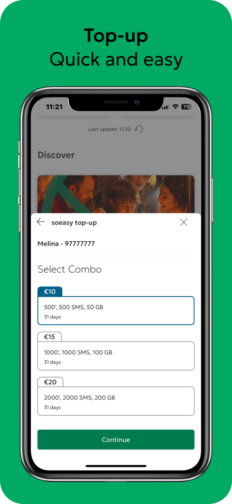My Cyta - My Cyta app interface for selecting soeasy mobile top-up combos and plans