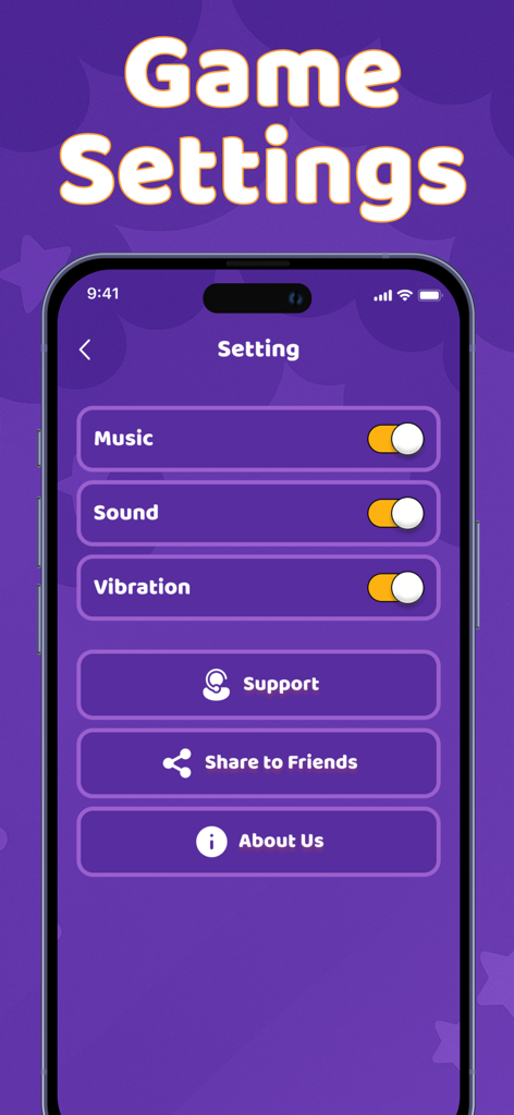 Finger Picker - Random Chooser - Settings menu of the Finger Picker app showing music sound and vibration toggles