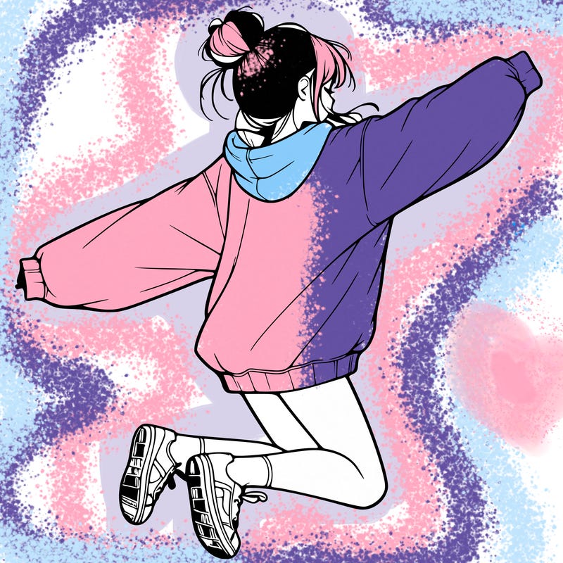 realistic girl jumping with a bun and oversized sweatshirt